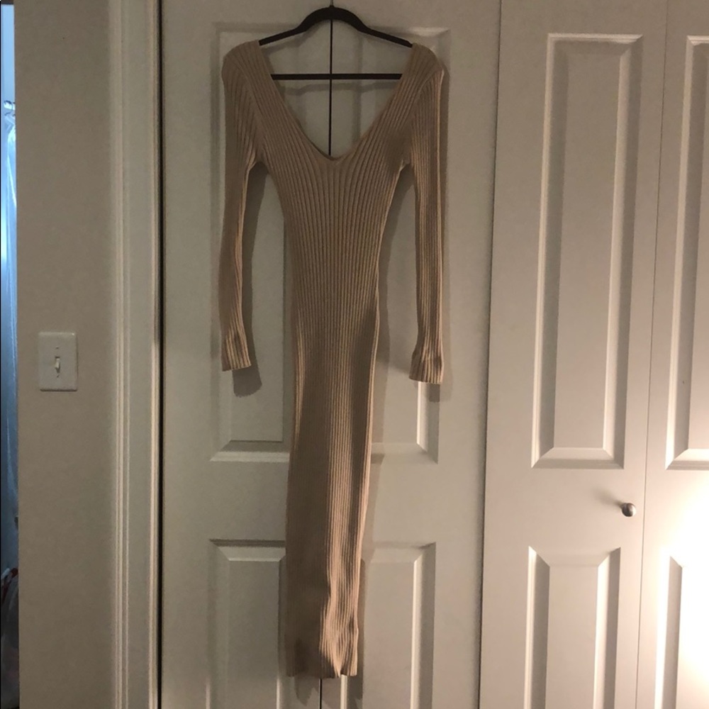 Long tan stretchy sweater dress
